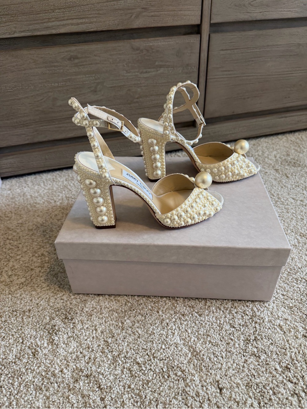 Jimmy Choo Pearl-Embellished Cream Block Heel Sandals - Picture 4 of 13